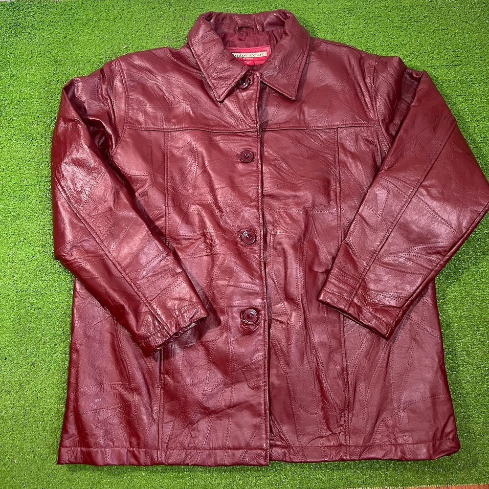 Vintage‎ Y2K Burgundy Leather Jacket XL Womens Red PatchWork Coat EUC